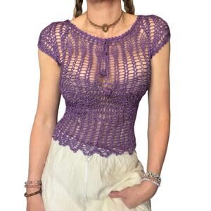 ✨ Vintage Purple Crochet Lace Top – Sheer Fairy Festival Top – Boho Knit Crop ✨
